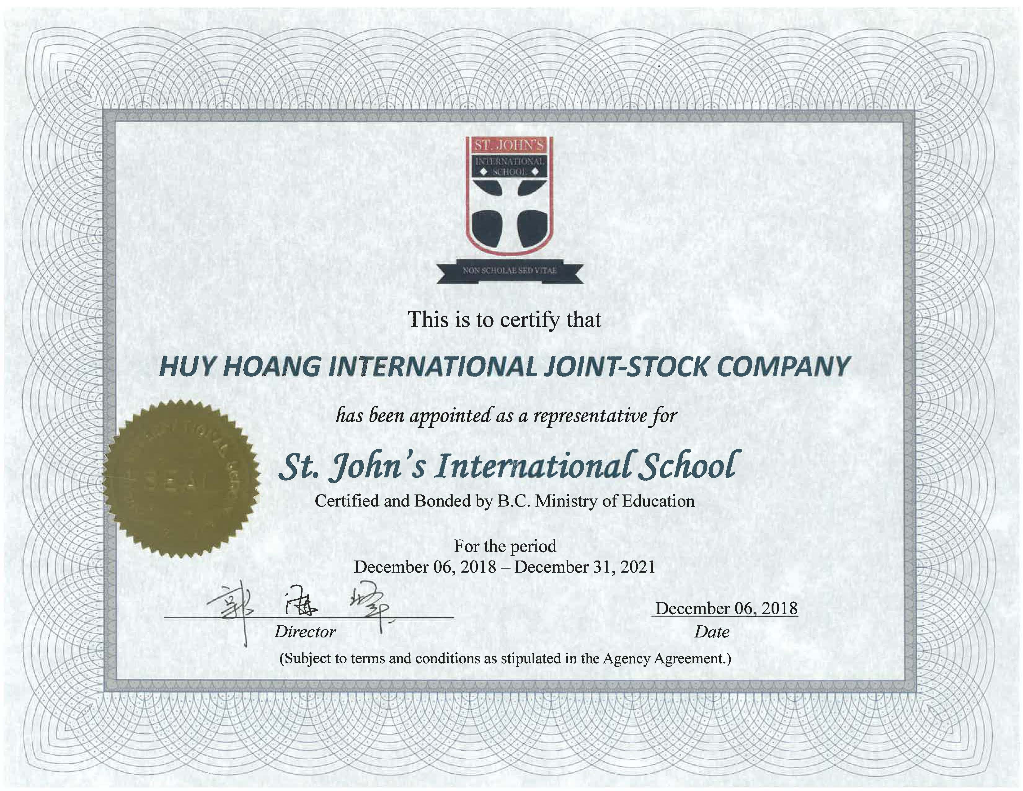 St.John's International School Canada - Agent Certificate